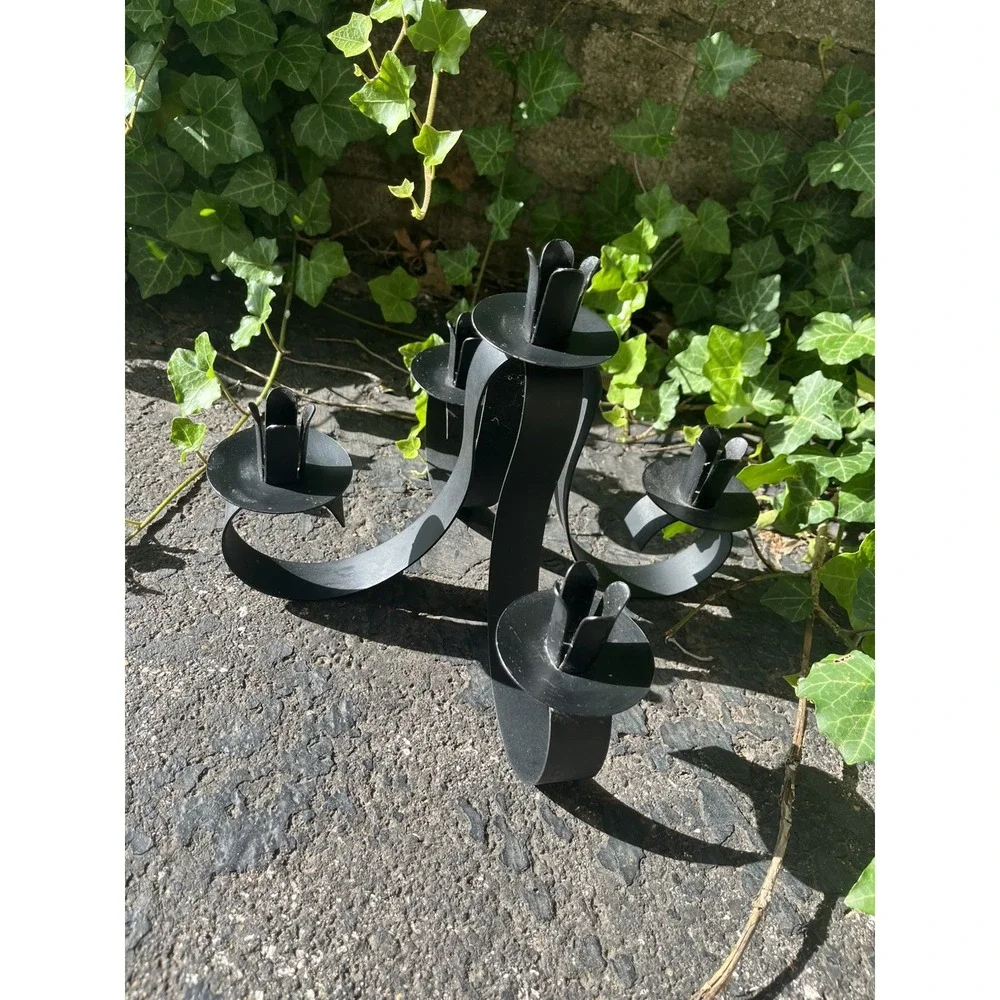 VTG Black Iron 5 Arms Handcrafted Home Decorative Pillar Candleabra 11